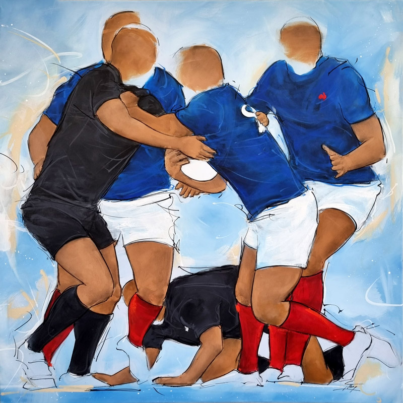 Peinture de rugby | Les All Blacks face au XV de France | Tableau de sport par Lucie LLONG, artiste peintre du mouvement | France 2023 - Rugby world cup