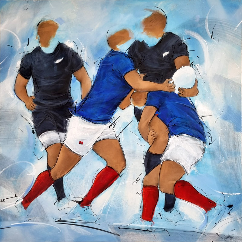 Peinture de rugby | Le XV de France vs les All Blacks de Nouvelle Zélande | Match d'ouverture de FRANCE 2023 | Tableau de sport par Lucie LLONG, artiste peintre du mouvement