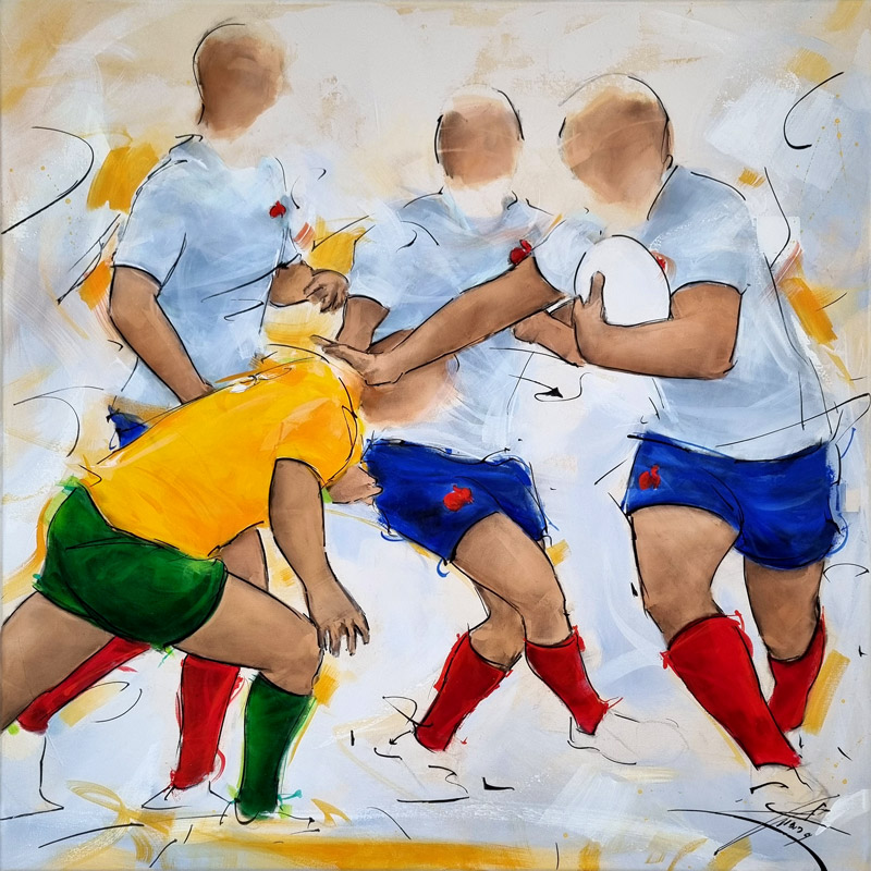 Peinture de rugby | Le XV de France vs wallabies d'Australie | Tableau de sport par Lucie LLONG, artiste peintre du mouvement