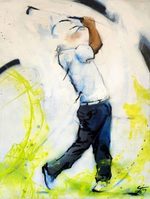 tableau de golf | coup d'approche d'un golfeur | Peinture de sport par Lucie LLONG, artiste peintre du sport