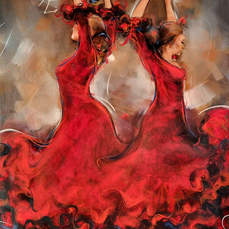 Tableau de flamenco | Danse en peinture | Bailaoras par Lucie LLONG, artiste peintre du mouvement