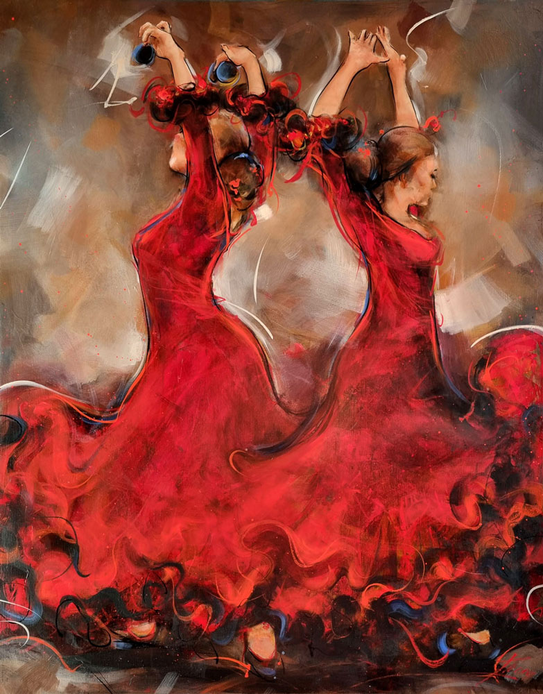 Tableau de flamenco | Danse en peinture | Bailaoras par Lucie LLONG, artiste peintre du mouvement