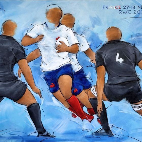 Tableau de rugby | Peinture de sport par Lucie LLONG, artiste peintre | Le XV de France face aux All Blacks lors du match d'ouverture de la coupe de monde de rugby 2023