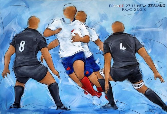 Tableau de rugby | Peinture de sport par Lucie LLONG, artiste peintre | Le XV de France face aux All Blacks lors du match d'ouverture de la coupe de monde de rugby 2023