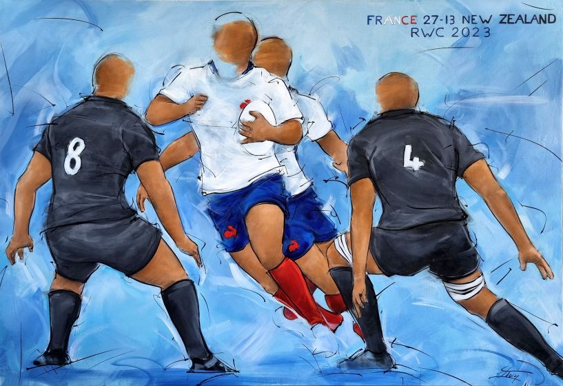 Tableau de rugby | Peinture de sport par Lucie LLONG, artiste peintre | Le XV de France face aux All Blacks lors du match d'ouverture de la coupe de monde de rugby 2023