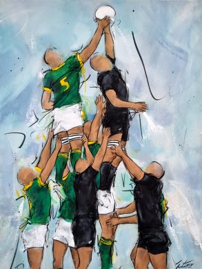 The 2023 Rugby World Cup Final in painting | Sports painting by Lucie LLONG, painter | lineout during the match between the South African Springboks and the New Zealand All Blacks | Title match