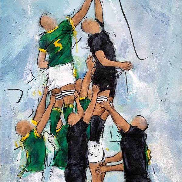 La finale de la coupe du monde de rugby 2023 en peinture | Tableau de sport par Lucie LLONG, artiste peintre | Touche lors du match entre les springboks d'Afrique du Sud - les All blacks de Nouvelle Zélande | Match pour le titre