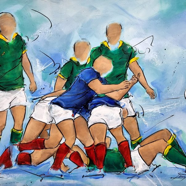 Sports painting | Rugby painting | FRANCE 2023 | The French XV facing the South African Springboks during the quarterfinals in Paris | Scrum exit | Sports painting by Lucie LLONG, artist of mouvement