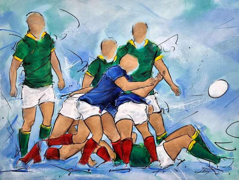 Tableau de sport | peinture de rugby | FRANCE 2023 | Le XV de France face aux Springboks d'Afrique du sud lors du quart de finale de Paris | Sortie de mêlée | Peinture de sport par Lucie LLONG, artiste peintre