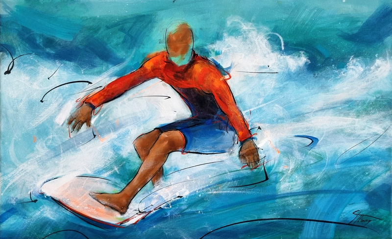 Peinture de surf | Surfeur sur la vague | Teahupoo - Tahiti | JO Paris 2024 | Tableau de sport par Lucie LLONG, artiste peintre