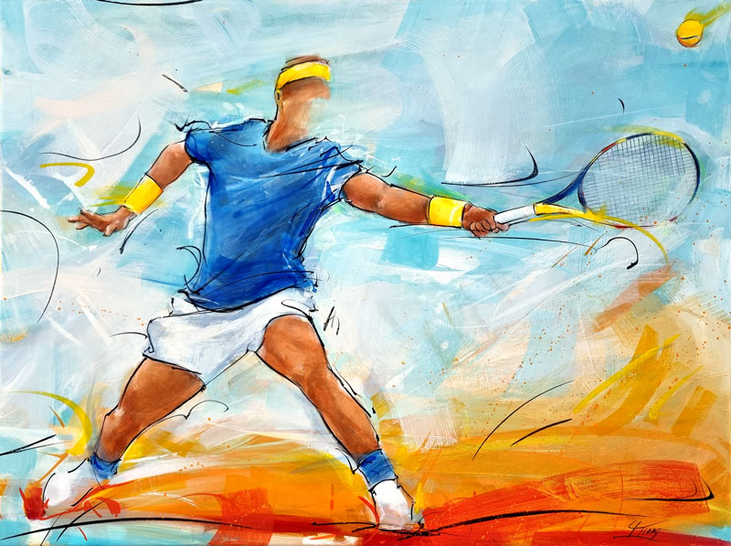 Peinture de sport | œuvre d'art - tableau de tennis | Rafael Nadal à Roland Garros par Lucie LLONG, artiste peintre du mouvement et du sport