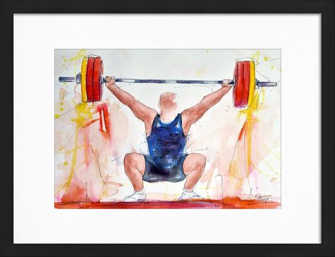 Peinture aquarelle de sport | Tableau d'haltérophilie | Jeux olympiques JO Paris 2024 | Œuvre d'art par Lucie LLONG, artiste peintre du sport