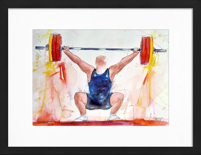 Peinture aquarelle de sport | Tableau d'haltérophilie | Jeux olympiques JO Paris 2024 | Œuvre d'art par Lucie LLONG, artiste peintre du sport