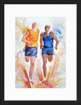 Peinture aquarelle de sport | Aladji Ba , sprinteur handisport multimédaillé avec son guide | Paralympique Paris 2024 | Athlétisme | Tableau par Lucie LLONG, artiste peintre du sport