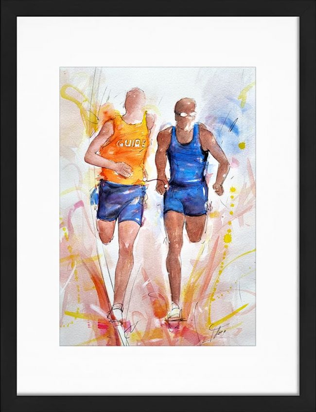 Peinture aquarelle de sport | Aladji Ba , sprinteur handisport multimédaillé avec son guide | Paralympique Paris 2024 | Athlétisme | Tableau par Lucie LLONG, artiste peintre du sport