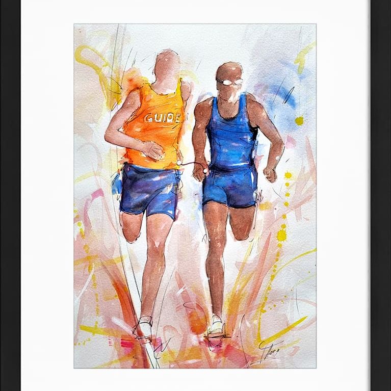 Peinture aquarelle de sport | Aladji Ba , sprinteur handisport multimédaillé avec son guide | Paralympique Paris 2024 | Athlétisme | Tableau par Lucie LLONG, artiste peintre du sport