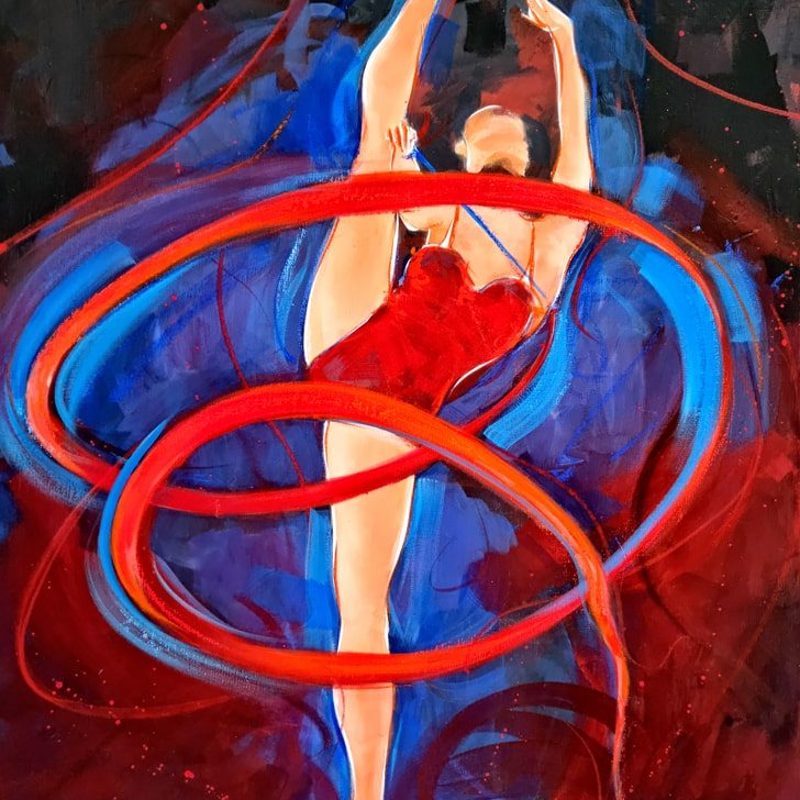Peinture de sport | Gymnastique rythmique GR | Epreuve de ruban | JO Paris 2024 | Tableau de sport par Lucie LLONG, artiste peintre