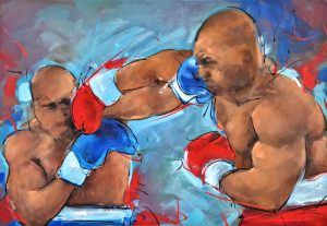 Tableau & peinture de boxe | Mike Tyson vs Evander Holyfield | tableau de sport par Lucie LLONG, artiste peintre du mouvement | Boxe anglaise