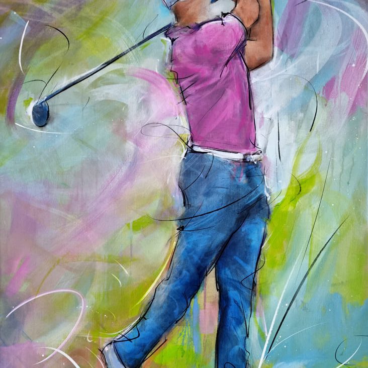 Ĺ’uvre d'art sur le golf | le sport en peinture | Tableau par Lucie LLONG, artiste peintre du mouvement | Paris 2024