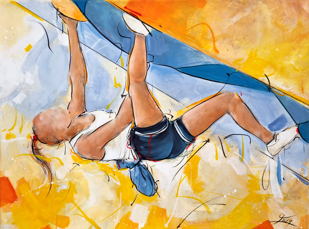 Escalade en peinture | Tableau de sport | Concours d'escalade sur mur aux JO de Paris 2024 | Peinture par Lucie LLONG, artiste peintre du mouvement et du sport