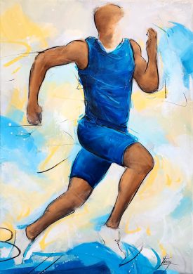 Tableau de sport | Athlétisme en peinture | Sprint l'épreuve reine du 100 mètres | Sprinteur - œuvre d'art sportive par Lucie LLONG, artiste peintre du mouvement et du sport