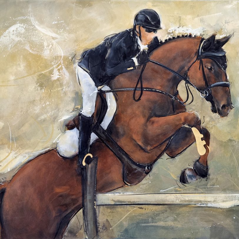 Tableau d'équitation | Peinture de chevaux lors d'une compétition de CSO lors des Jeux Olympiques de Paris 2024 | Peinture de sport par Lucie LLONG, artiste peintre