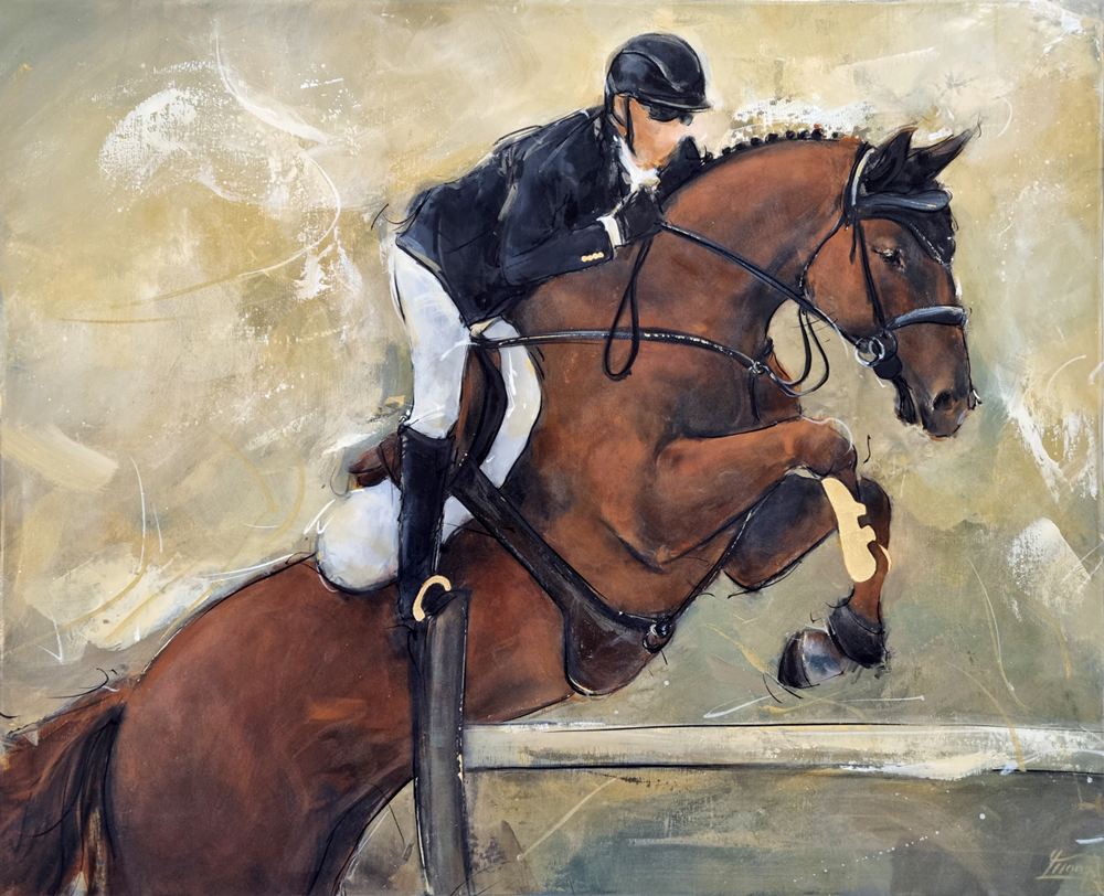 Tableau d'équitation | Peinture de chevaux lors d'une compétition de CSO lors des Jeux Olympiques de Paris 2024 | Peinture de sport par Lucie LLONG, artiste peintre