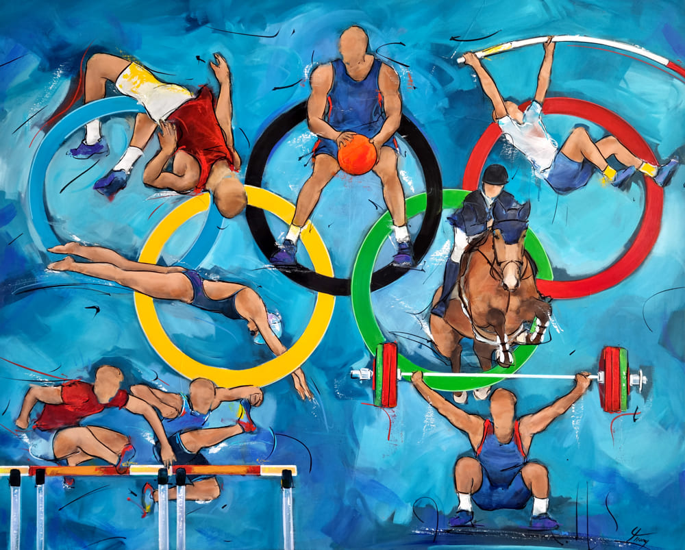 Tableau de sport | Peinture des jeux Olympiques PARIS 2024 par Lucie LLONG, artiste peintre du sport | Athlétisme (110 m haies | saut à la perche | Saut en hauteur ), basketball, natation, haltérophilie et équitation en peinture