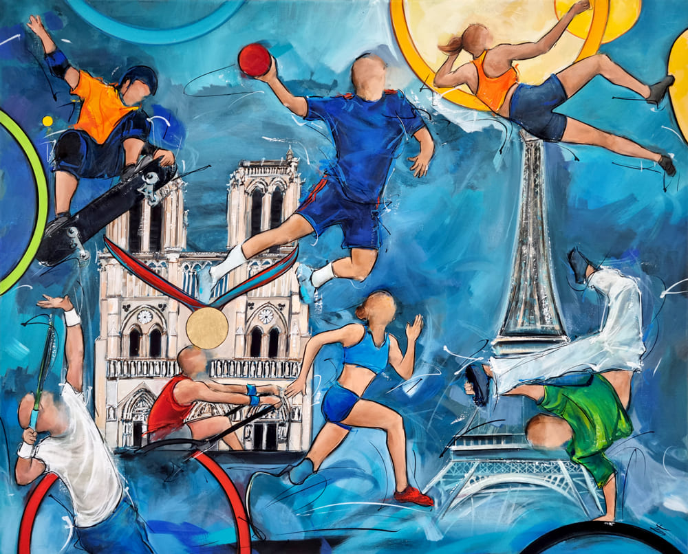Paris 2024, sports in the streets of the French capital for the 33rd Olympiad | 100 years after the 1924 Olympics. | Skateboarding, handball, climbing, tennis, rowing, Paralympic sprinting, breakdancing in the streets of Paris to win the gold medal | Sports painting by Lucie LLONG, artist of movement
