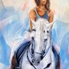 Tableau d'équitation | Jeune fille sur un cheval andalou blanc | Passion de l'équitation par Lucie LLONG, artiste peintre du sport | Complicité entre l'homme et les chevaux