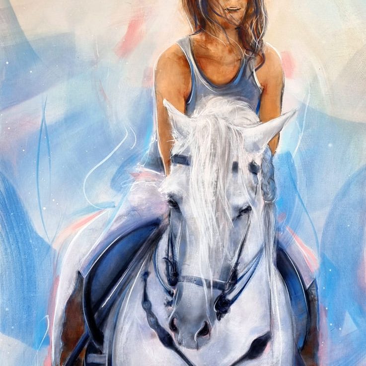 Tableau d'équitation | Jeune fille sur un cheval andalou blanc | Passion de l'équitation par Lucie LLONG, artiste peintre du sport | Complicité entre l'homme et les chevaux