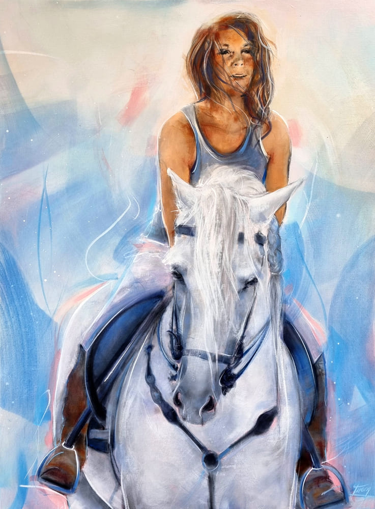 Tableau d'équitation | Jeune fille sur un cheval andalou blanc | Passion de l'équitation par Lucie LLONG, artiste peintre du sport | Complicité entre l'homme et les chevaux