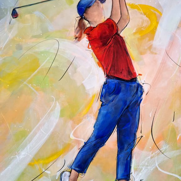 Tableau de golf féminin | Golfeuses sur un parcours | Peinture de sport | Œuvre d'art par Lucie LLONG, artiste peintre du mouvement