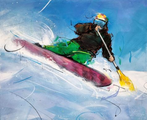 Sport nouveau | Tableau de Tribal Snow Tools | Snowboard avec pagaie | Peinture de sport par Lucie LLONG, artiste peintre du mouvement