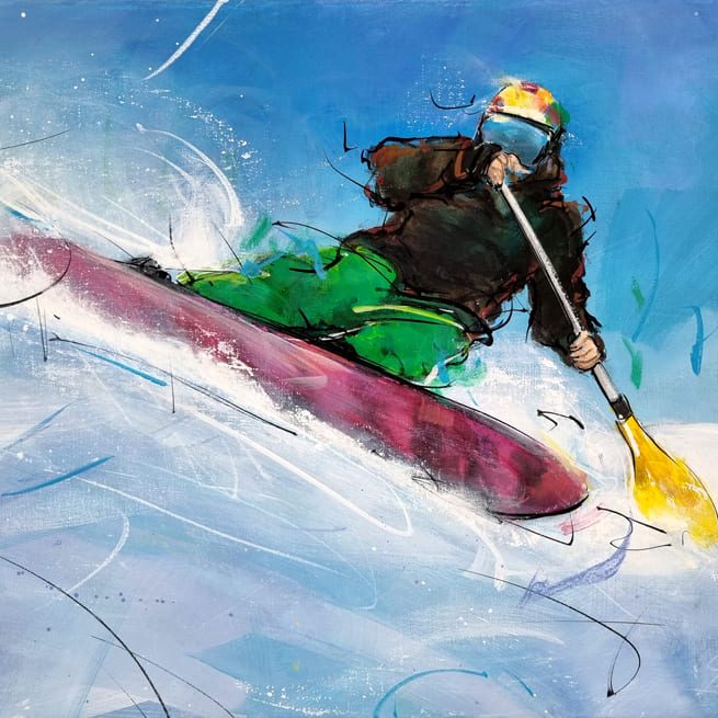 Sport nouveau | Tableau de Tribal Snow Tools | Snowboard avec pagaie | Peinture de sport par Lucie LLONG, artiste peintre du mouvement