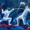 Epee combat | Fencing & sports painting by Lucie LLONG, sports artist | On the road to the Olympic Games | Sports artwork