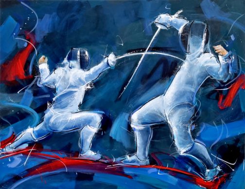 Epee combat | Fencing & sports painting by Lucie LLONG, sports artist | On the road to the Olympic Games | Sports artwork