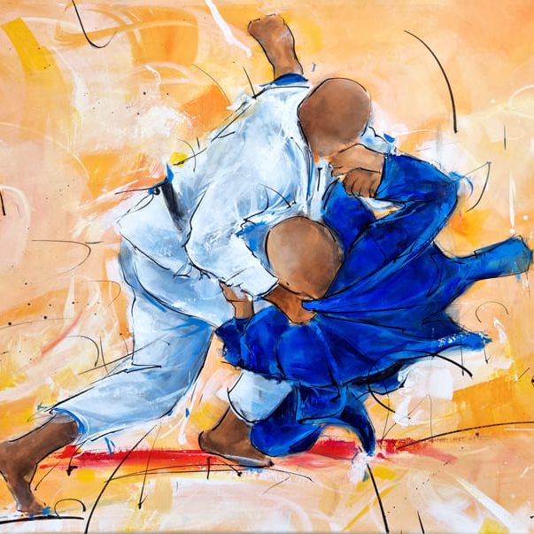Peinture de judo | Tableau de sport & arts martiaux | Teddy Riner lors d'un combat de judo | Œuvre d'art par Lucie LLONG, artiste peintre du sport