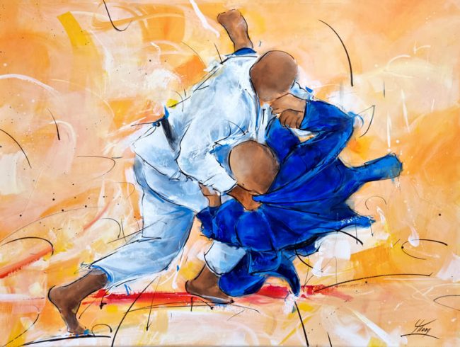 Peinture de judo | Tableau de sport & arts martiaux | Teddy Riner lors d'un combat de judo | Œuvre d'art par Lucie LLONG, artiste peintre du sport