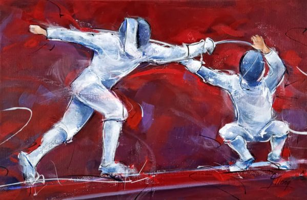 Tableau d'escrime | Combats à l'épée en peinture lors des Jeux olympiques | PARIS 2024 | Sport en peinture par Lucie LLONG, artiste peintre