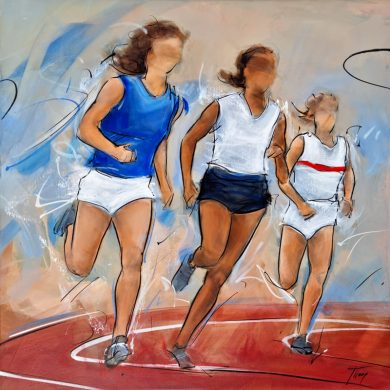 Tableau de sport & athlétisme| Peinture de la sprinteuse Colette Besson lors de sa victoire sur 400m lors des Jeux Olympiques de Mexico en 1968 - Légende du sport | Oeuvre d'art par Lucie LLONG, artiste peintre du sport