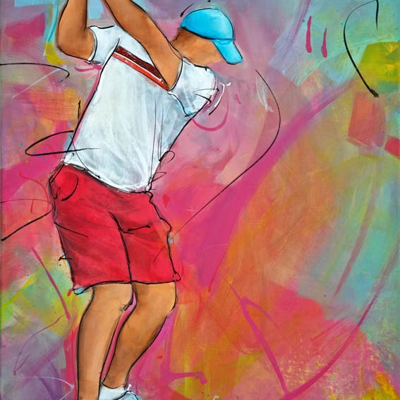 Tableau de golf | Golfeur en action sur un parcours | Peinture de sport | Ĺ’uvre d'art  par Lucie LLONG, artiste peintre du sport et du mouvement