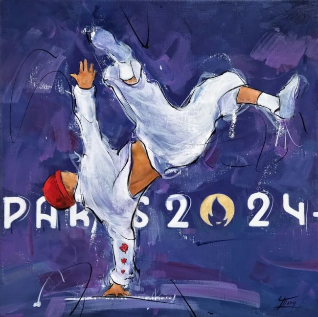 Peinture de break dance | Tableau de sport | Le canadien Phil Wizard lors des Jeux olympiques de Paris 2024 | Médaille d'or | Œuvre d'art par Lucie LLONG, artiste peintre du sport