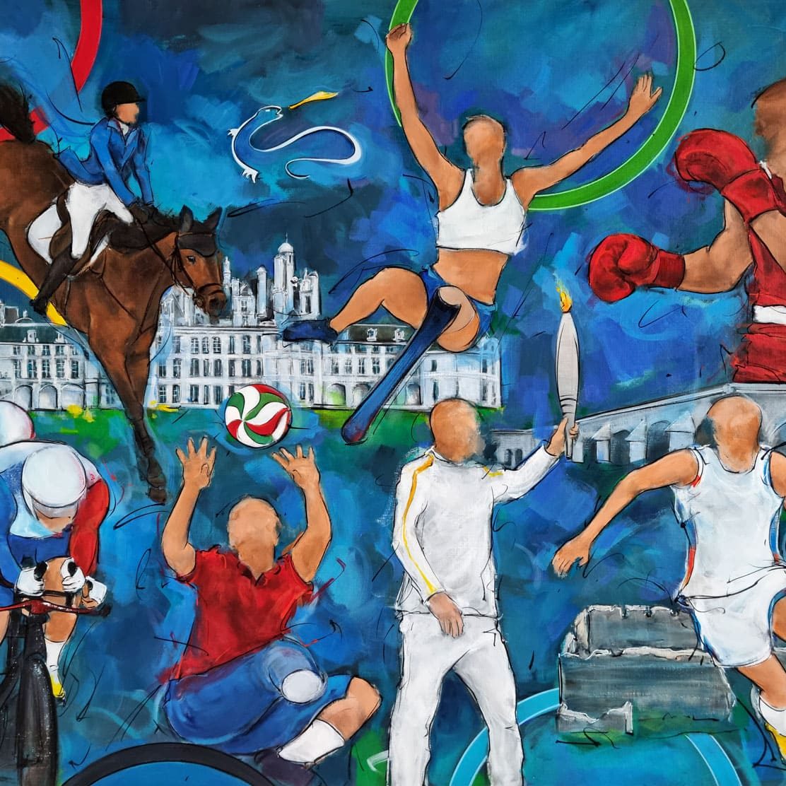 Tableau de sport par Lucie Llong | Paris 2024 dans le Loir-et-Cher : représentation de plusieurs sports et d’un porteur de flamme, avec les bâtiments emblématiques du Loir-et-Cher, dont le château de Chambord, le pont Jacques-Gabriel de Blois et Tasciaca. Ce tableau met en lumière les athlètes marquants du département, comme Marie-Amélie Le Fur, multi-médaillée en athlétisme, Timothée Vergiat en basket 3x3, et Raphaël Beaugillet, médaillé paralympique en cyclisme. | Peinture de sport par Lucie LLONG