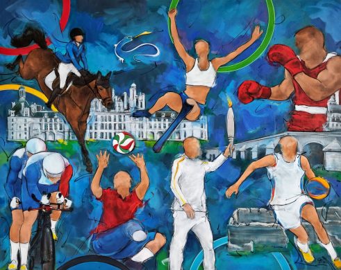 Tableau de sport par Lucie Llong | Paris 2024 dans le Loir-et-Cher : représentation de plusieurs sports et d’un porteur de flamme, avec les bâtiments emblématiques du Loir-et-Cher, dont le château de Chambord, le pont Jacques-Gabriel de Blois et Tasciaca. Ce tableau met en lumière les athlètes marquants du département, comme Marie-Amélie Le Fur, multi-médaillée en athlétisme, Timothée Vergiat en basket 3x3, et Raphaël Beaugillet, médaillé paralympique en cyclisme. | Peinture de sport par Lucie LLONG