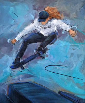 Tableau de sport | Skateboard | Ollie | Peinture en mouvement par Lucie LLONG, artiste peintre du sport