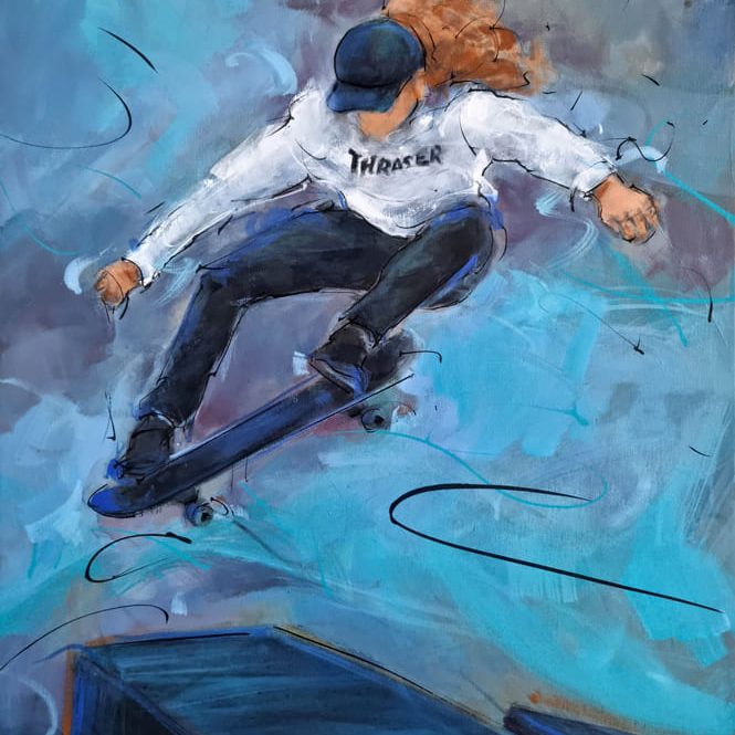 Tableau de sport | Skateboard | Ollie | Peinture en mouvement par Lucie LLONG, artiste peintre du sport