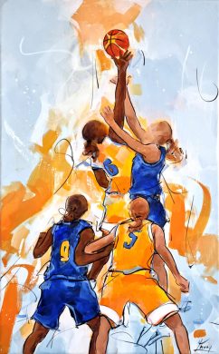 Tableau de sport | peinture de basketball féminin | Entre deux lors d'un match de basket | Œuvre d'art par Lucie LLONG