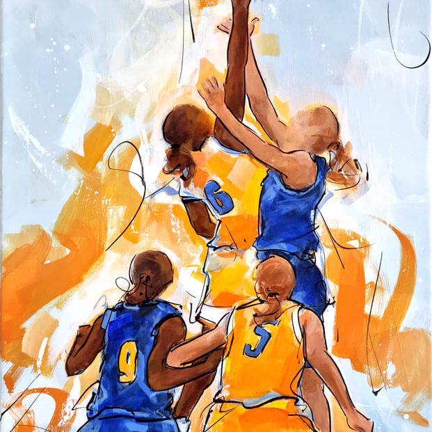 Tableau de sport | peinture de basketball féminin | Entre deux lors d'un match de basket | Œuvre d'art par Lucie LLONG