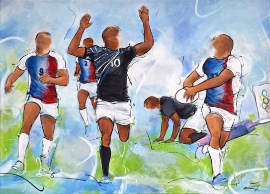 Peinture de rugby | l'équipe de France de rugby à VII devient championne olympique | Antoine Dupont | Jeux olympiques Paris 2024 | Tableau de sport par Lucie LLONG, artiste peintre